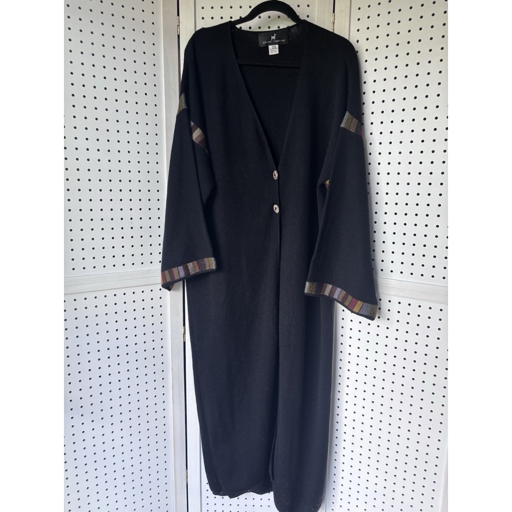 Peruvian Connection Duster Cardigan 3/4 Wide SLV Alpaca Wool Women's Lg Black
